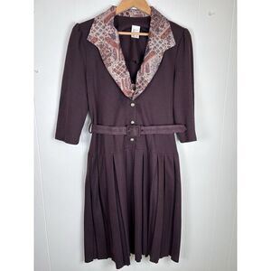 Vintage English‎ Belted Brown Dress Pleated Skirt Size UK 14 US 10 Long Sleeve